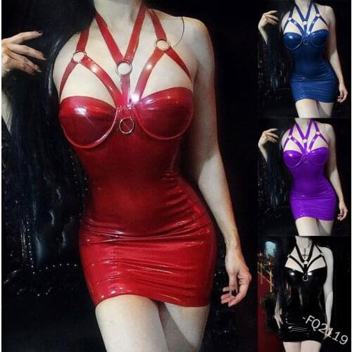 5XL Large Size Sexy Gothic Corset Choker Mini Dress Leather Skinny Bodycon Halter Neck Short Dress Punk Club For Women Ladies