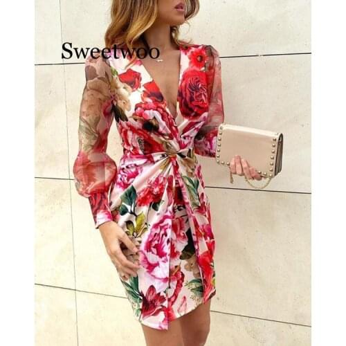 Mesh Floral Print Twisted Waist Midi Dress Elegant Night Out Bodycon Party Dress