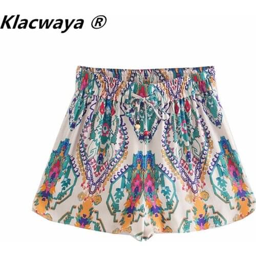 Klacwaya Women 2021 Fashion Totem Print Side Vents Shorts Vintage High Elastic Waist Drawstring Female Short Pants Mujer