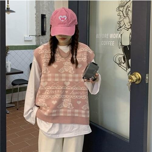 Oversize sweater 2021 Autumn Bear Vest Korean V-neck Pink Knitted Sweater Sleeveless Y2k Vest Pullover Top for Women Clothing