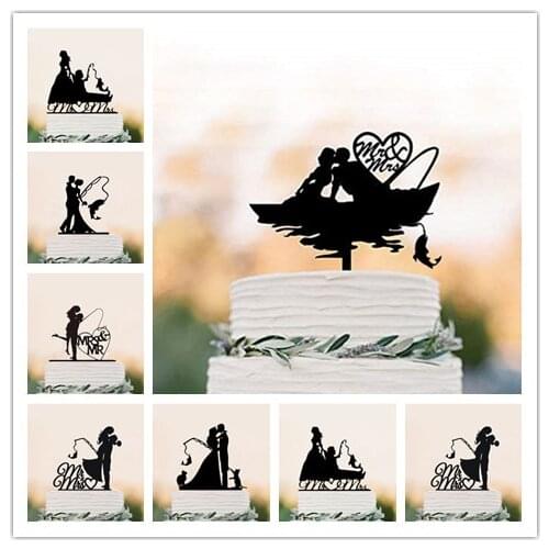 Mixed fishing style wedding cake topper bride and groom cake topper wedding decoration cake decorating funny engament