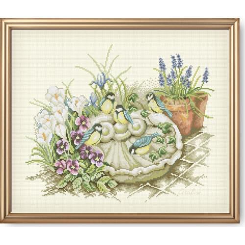 Fishxx Cross Stitch C825 Garden Landscape Birds & Flowers Hand Embroidery