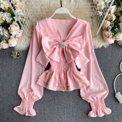 2021 Spring Autumn New v-neck Blouse Women Halter Scheming Halter Shirt Bowknot Lapel Puff Sleeve Female Top
