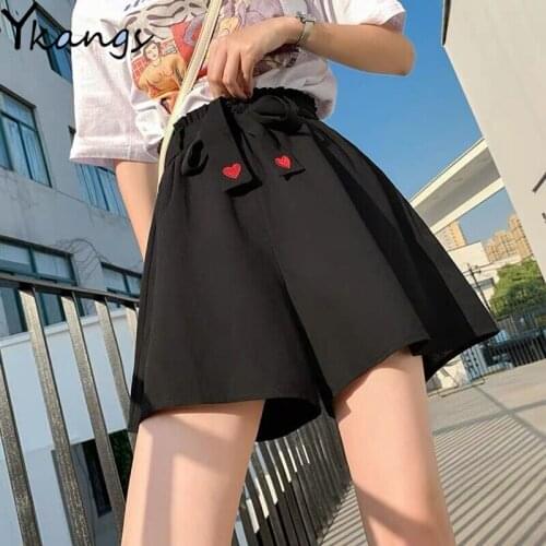 Women with Belt Heart Embroidery Elastic High Waist Shorts Casual Harajuku Baggy Wide Leg Shorts Summer Running Female Shorts
