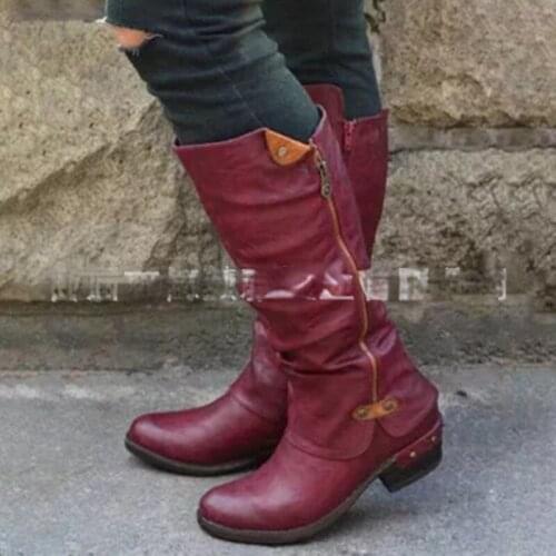 Womens Mid Calf Boots Vintage British PU Leather Shoes Woman Low Heel Zip Sewing Ladies Fashion Retro Long Boots Women