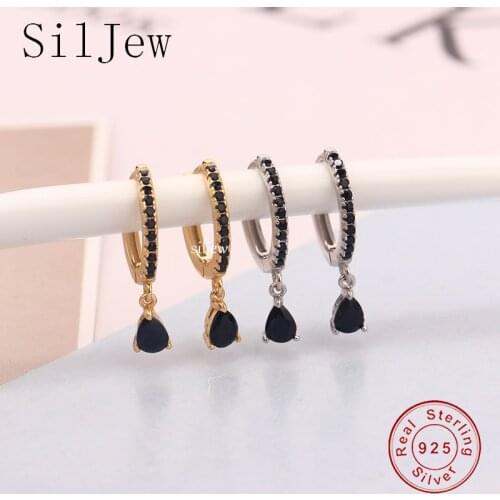 SilJew 925 Sterling Silver Ovals Water Drop Earring Black Zircon CZ Circle Round Loop Crystal Women Piercing Ohrringe Pendientes