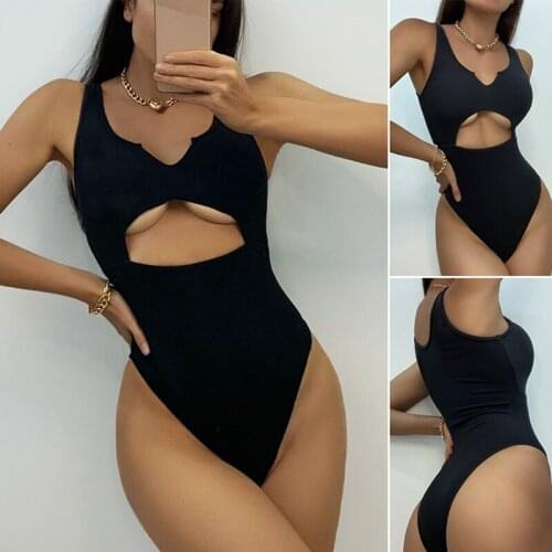 Womens Solid Color Hollow High Stretch Tight Sexy One-Piece Swimsuit Black