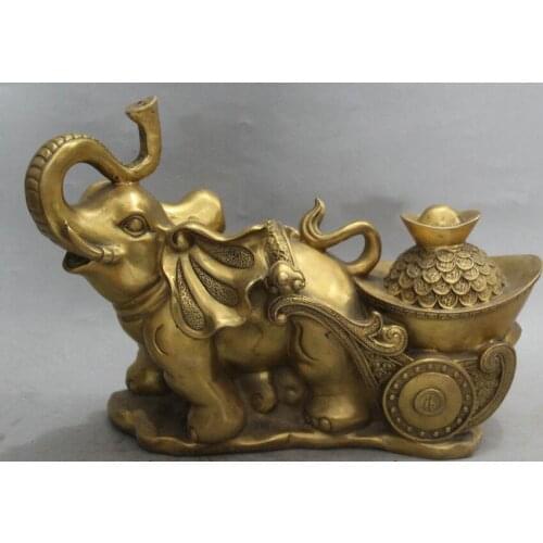 Zhmui88002842217++14" Chinese Folk Brass Elephant Pull Yuan Bao Auspicious Wealth Statue Sculpture