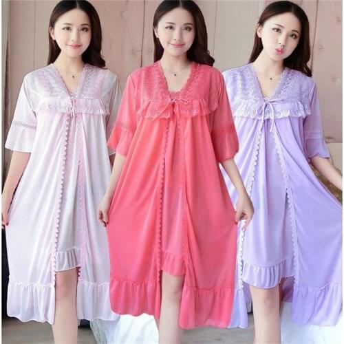 Sexy V Neck Nightdress Sleep Wear Night Shirt Home Dress Nightgown Princess Sleepwear 2019 Ladies Nightdres Dress + Outwear