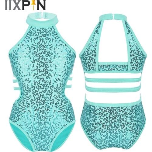Sparkly Sequins Gymnastics Leotards for Girls Sleeveless Cutouts Back Strappy Waist Ballet Dance costume Kids Dancewear Jumpsuit