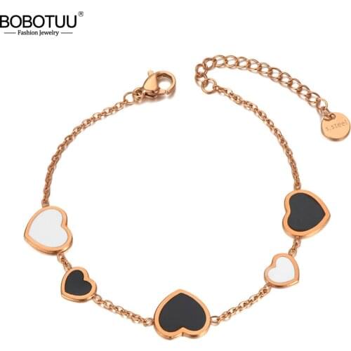 BOBOTUU Bohemia Stainless Steel White/Black Glaze Heart Charm Bracelets For Women Chain & Link Jewelry Женский Браслет BB20101
