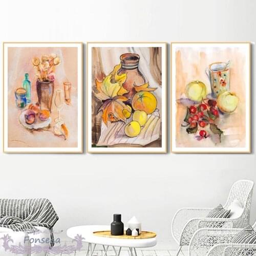 Liquor Goblet Maple Leaf Fruit Flower Vase Canvas Painting Abstract Painted Posters and Prints Wall Art Pictures for Living Room