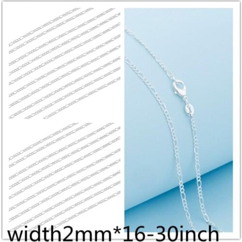 10PC Fashion Jewelry 925 Sterling Silver 2 mm Figaro Link Chain 16''-30'' Womens Pendent Chain Necklace Lobster Clasp