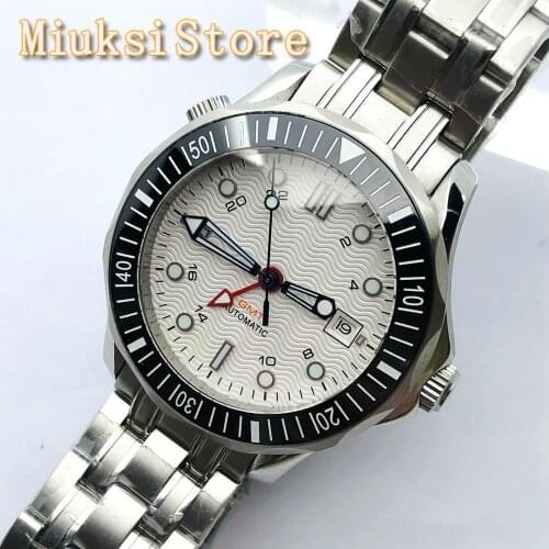 BLIGER Mens Top Luxury GMT Sterile Mechanical Watch Sapphire Crystal Ceramic Bezel White Dial Stainless Steel Automatic Watch