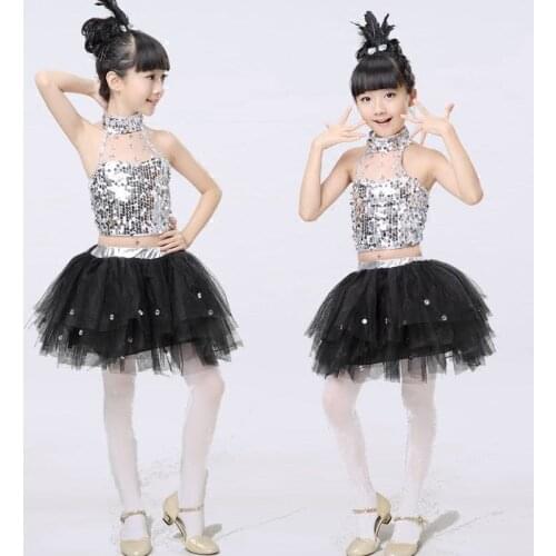 Childrens Sequins Latin Jazz Dance Dress Practice Performance Ballroom Dance Leotards Girls Latin Dancing Dress Costumes