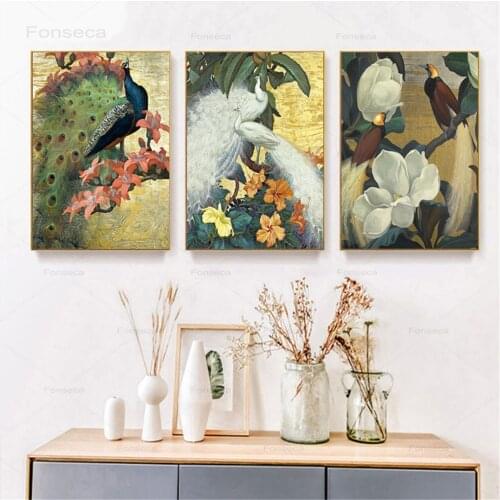 Phoenix Flower Bird Canvas Paintings Vintage Botanical Posters and Prints Wall Art Pictures for Living Room Home Decoration