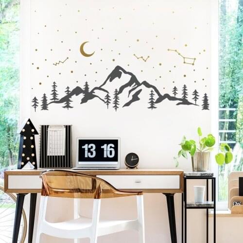 Mountains And Night Sky Decal - Moon Stars Vinyl Sticker Forest Scene , Hiking , Camping , Constellations Room Decoration NR51