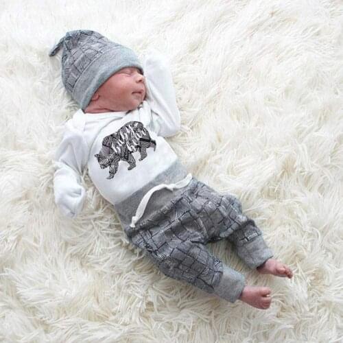 3Pcs Newborn Infant Baby Boys Clothes Outfits Set Long Sleeve Baby Bear Print Bodysuit Casual Pants Hat Autumn Toddler Clothing