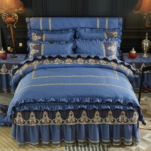 Princess Bedding set Luxury Quilted Cotton Thick Warm Bed set Blue Lace Duvet cover Bed skirt sheet Pillowcases Queen King size