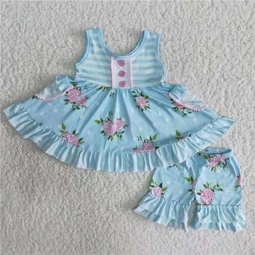 Summer American Baby Girls Outfits Sleevless Swing Top with Pockets Floral Shorts Set Kids Clthes Wholesale