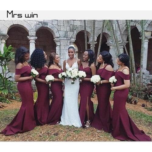 Mrs win Bridesmaid Dresses Boat Neck Sling Vestido Madrinha Plus Size Off Shoulder Burgundy Long Wedding Guest Dress HR310