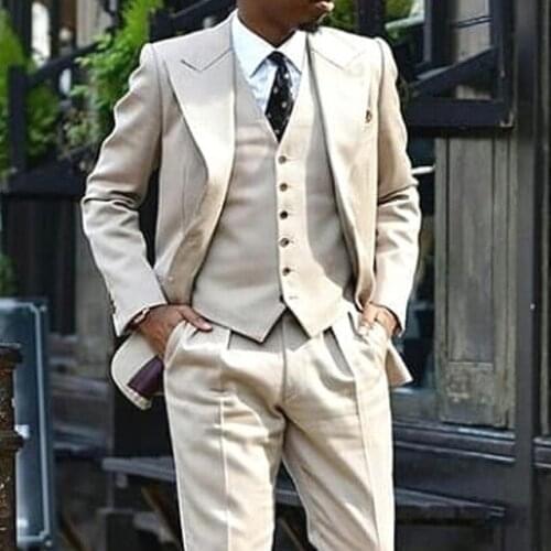 Custom Made Groomsmen Beige Groom Tuxedos Peak Lapel Men Suits Wedding Best Man Blazer ( Jacket+Pants+Vest+Tie ) C451
