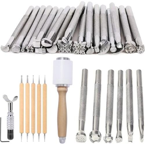 LMDZ 13/27pcs Leather Craft Tools Kit Stitching Stamping Embossing Punch Saddle Groover Carving Hammer Set For Leather Working