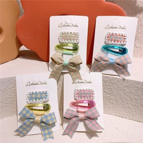 2021 New Korean Fashion Childrens Lattice Fabric Bow Duckbill Clip Sweet Girl Baby Cute Lace BB Clip Kids Hair Accessories