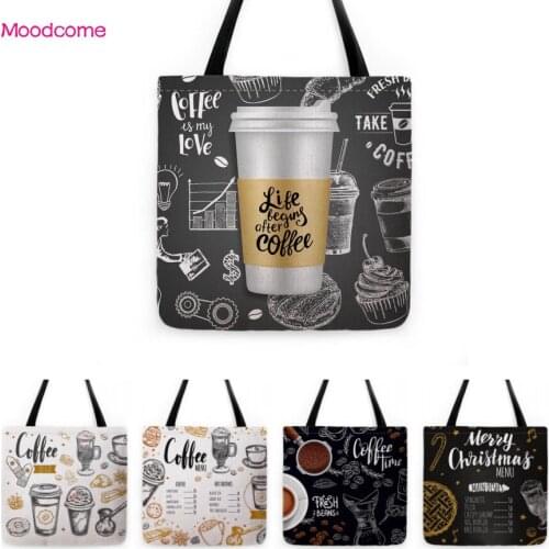 New Fashion Coffee Time Menu Poster Style Art Nordic Decorative Water Resistant Linen Tote Bag Shopper Shoulder Bag