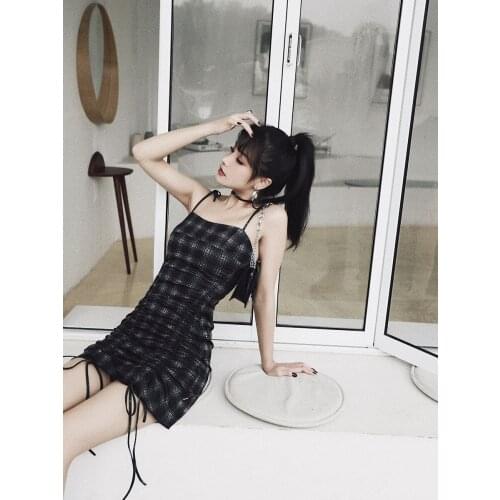 Leixin original suspender Plaid Dress hot girl hip skirt short skirt slim waist drawstring suspender skirt lady Xia