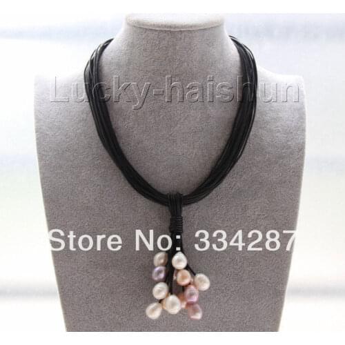 Adjustable 15row 14mm MIX white pink purple pearls Black leather necklace