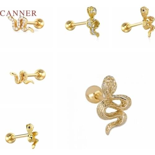 CANNER 1Pcs 925 Sterling Silver Earrings For Women Snake Series Stud Earrings Cartilage Ear Piercing Mom Gift Серьги Gold/Silver