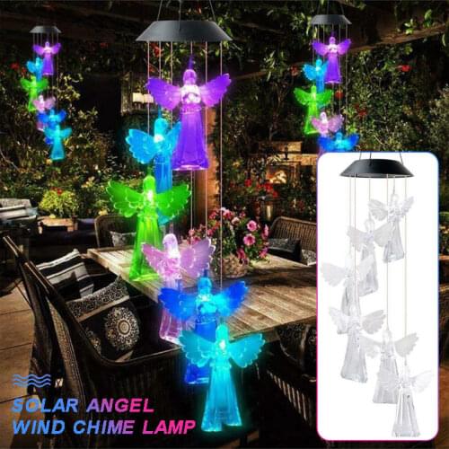 Solar Angel Wind Chime Light Outdoor Garden Patio Wall Hanging Decor Ornament Color Changing LED Bulbs With Hook