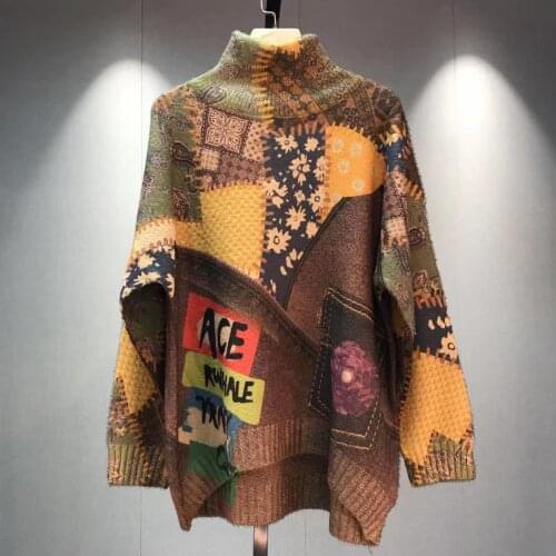 EBAIHUI Literary Retro Sweater Mink Cashmere Turtleneck Womens Flower Printed Top Loose Knitted Pullover Loose Jumper Oversized