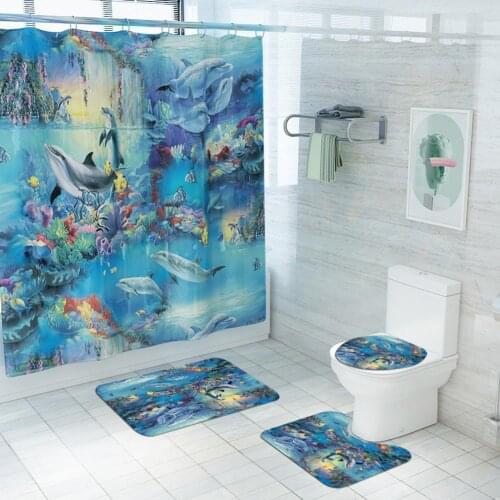 Dolphin Printing Shower Curtain/Toilet Lid Cover Bath Mat for Bathroom