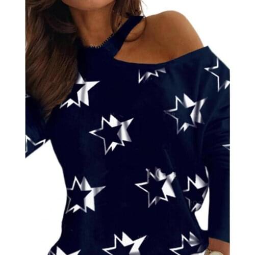Plus Size Sexy Women Blouse Long Sleeve Stars Print Hollow Out One Shoulder Halter Blouse Women Tops Shirts
