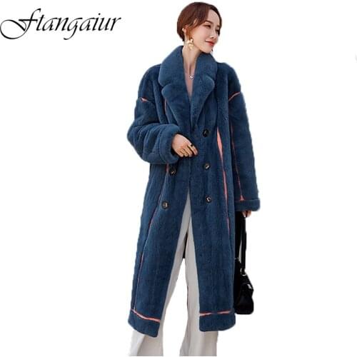Ftangaiur 2020 Winter Import Purple Standard Velvet Mink Fur Coat Womens Contrast Color Slim X-Long Natural Real Mink Fur Coats