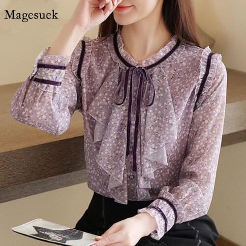 Fashion Floral Long Sleeve Chiffon Womens Shirt 2021 Ruffle Purple Women Tops and Blouse Bow Flower Hollow Blusas Mujer 8468 50