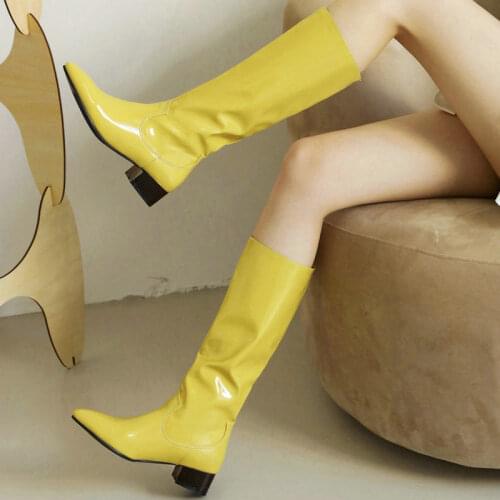 2021 New Patent PU Leather Women Knee High Boots Comfortable Square Heel Pointed Toe Ladies Boots Candy Colors Slip on Shoes