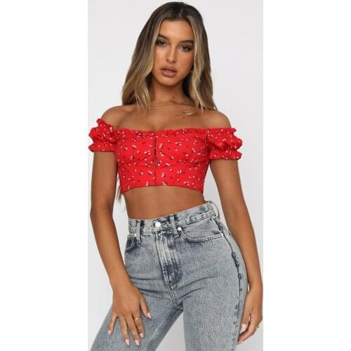 Womens Off Shoulder Crop Tops Sexy Short Sleeve Central Single-Row Clasp Frill T-Shirt Pullover Jumper tops Shirt Beach Tanks