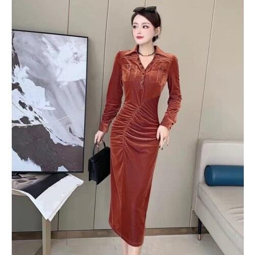 High Quality Brand New Autumn Winter Dress 2021 Fashion Runway Women Turn-down Collar Long Sleeve Midi Bodycon Pleated Dress