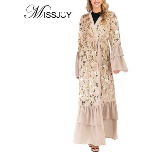 MISSJOY 2019 Muslim Party Dress Ruffle Long Sleeves Elegant Abayas Loose Cardigan Turkish Chiffon Islamic Clothing Ladies Kaftan