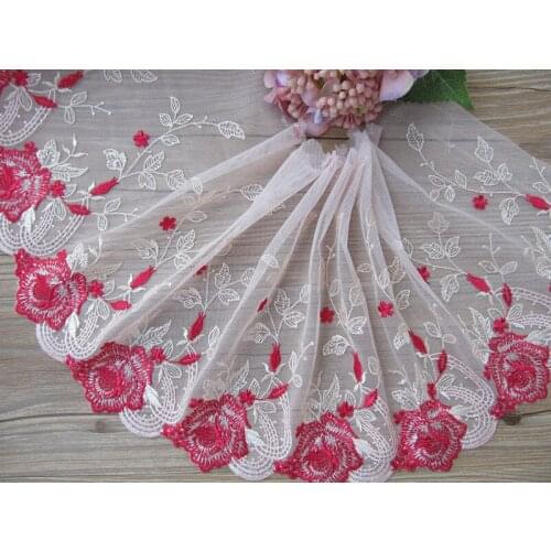 1Yard Pink Mesh Net Embroidered Lace Trim Soft Flowers Fabric For Lingerie Underwear Bra Dress Decoration 22cm Wide