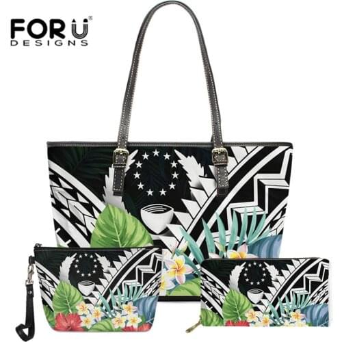 3pcs Vintage Shoulder Bags and Wallets Set Pohnpei Polynesian Hibiscus Pattern Large Handbags Female PU Top-handle Bags Totes