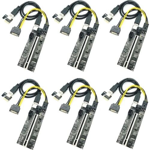 6Pcs PCIE Riser 1x to 16x Express Extension 6Pin Powered Riser Adapter Card Temperature Sensor for Bitcoin GPU Mining Video Card