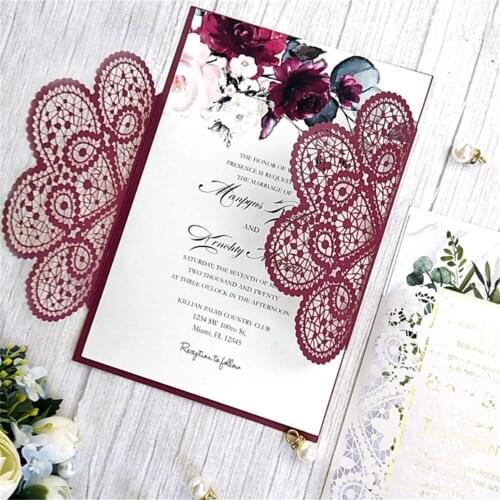Floral Invitation Card Envelope Burgundy Iovry Weeding Engagement Bridal Shower Decoration Personlaized Text Printing