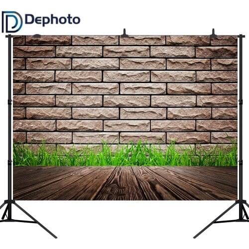 Dephoto Gray Brick Wall Wooden Floor Spring grass Photography Backgrounds Customized Photographic Backdrops For Photo Studio