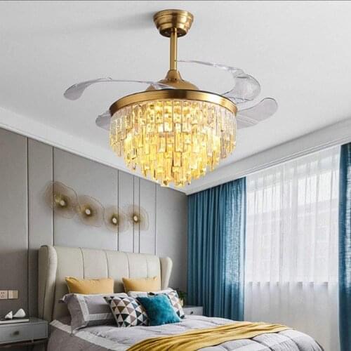 Modern Crystal Chandelier Invisible Shrinkable 4 Blade Crystal Ceiling Fan Light 3 Color Adjustable Light Mute Indoor Fan Light