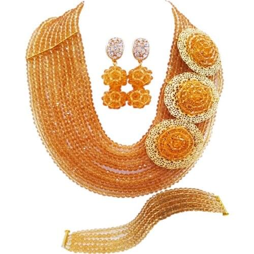 Champagne Gold African Jewelry Set Nigerian Folk Beads Wedding Accessories Party Necklace Bracelet Earrings 10SPH02