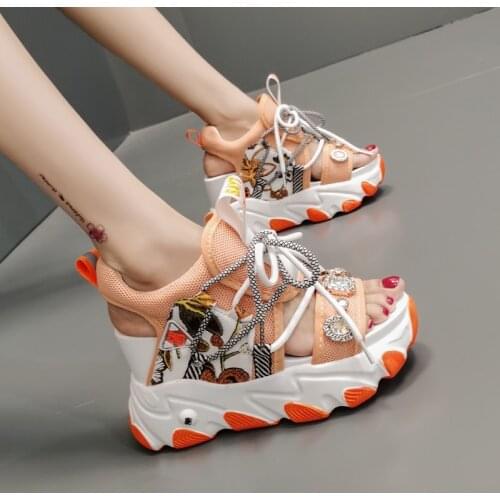 Summer fashion sequined thick-soled color-blocked inner heightening and comfortable womens sports sandals, fish mouth wedges
